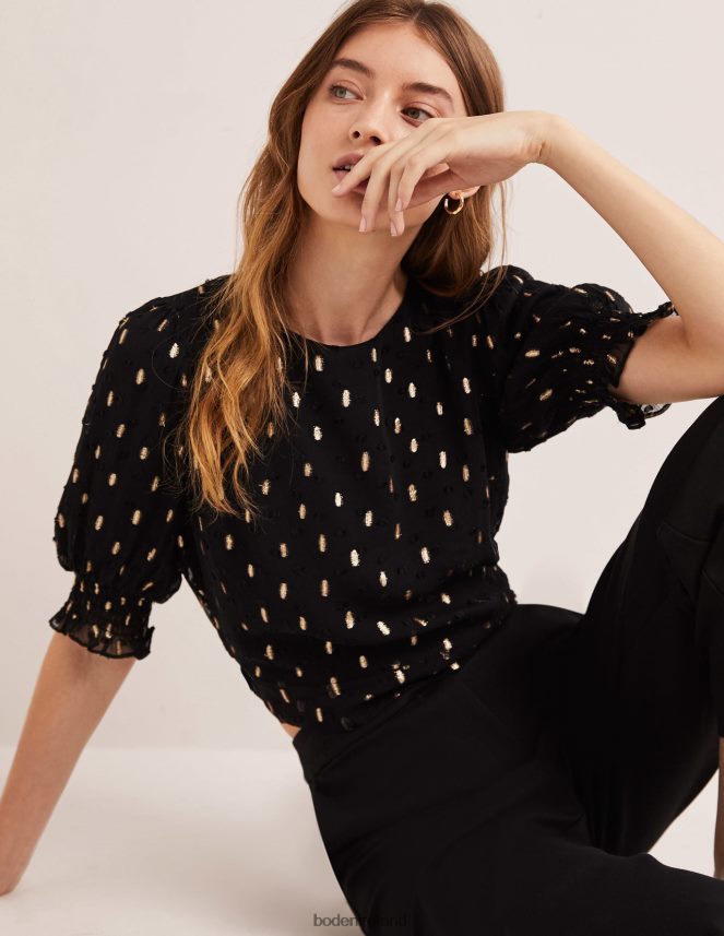 Black and Gold Clip Clothing Cropped Metallic Smocked Top Boden Women L466L62006