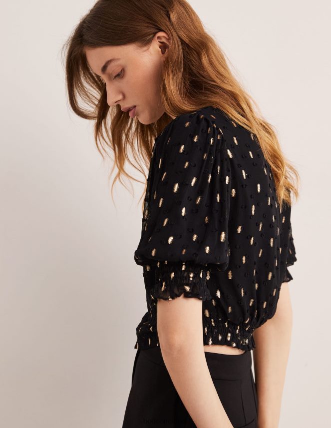 Black and Gold Clip Clothing Cropped Metallic Smocked Top Boden Women L466L62006