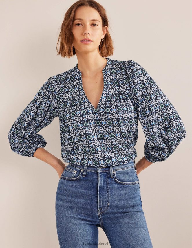 Blue Tile Clothing Printed Notch Neck Top Boden Women L466L6962
