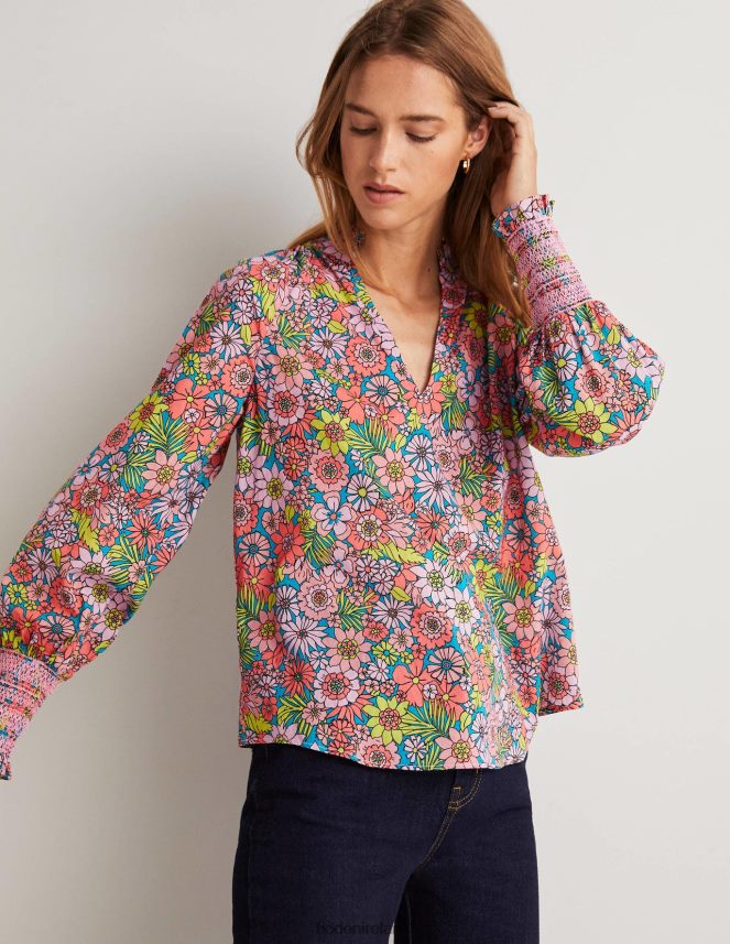 Bonbon Pink & Bloom Garden Clothing Smocked Cuff Printed Top Boden Women L466L61991