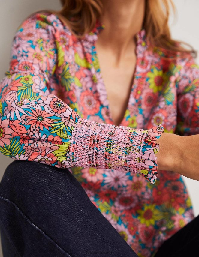Bonbon Pink & Bloom Garden Clothing Smocked Cuff Printed Top Boden Women L466L61991