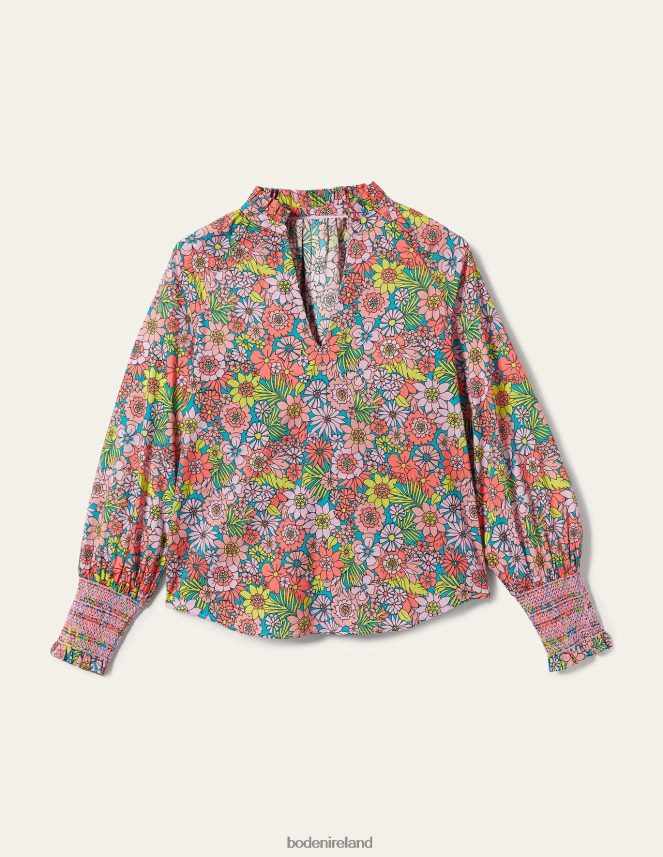 Bonbon Pink & Bloom Garden Clothing Smocked Cuff Printed Top Boden Women L466L61991