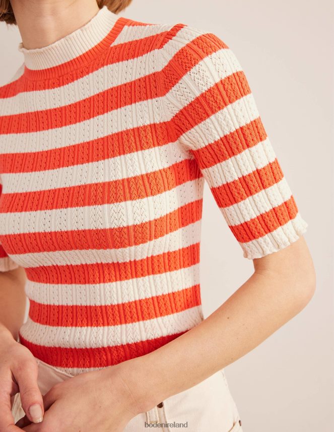 Bright Watermelon Stripe Clothing Ribbed Pointelle High Neck Top Boden Women L466L61866