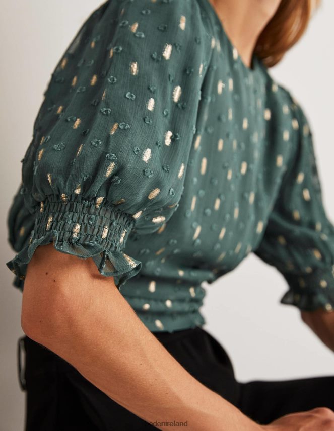 Deep Forest and Gold Clip Clothing Cropped Metallic Smocked Top Boden Women L466L61888
