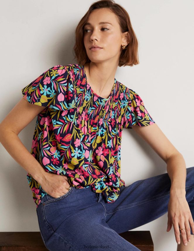 French Navy & Tropic Foliage Clothing Layla Printed Smocked Top Boden Women L466L61972
