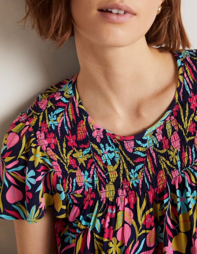 French Navy & Tropic Foliage Clothing Layla Printed Smocked Top Boden Women L466L61972