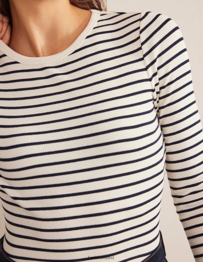 Ivory/Navy Stripe Clothing Cotton Ribbed Long Sleeve Top Boden Women L466L61797