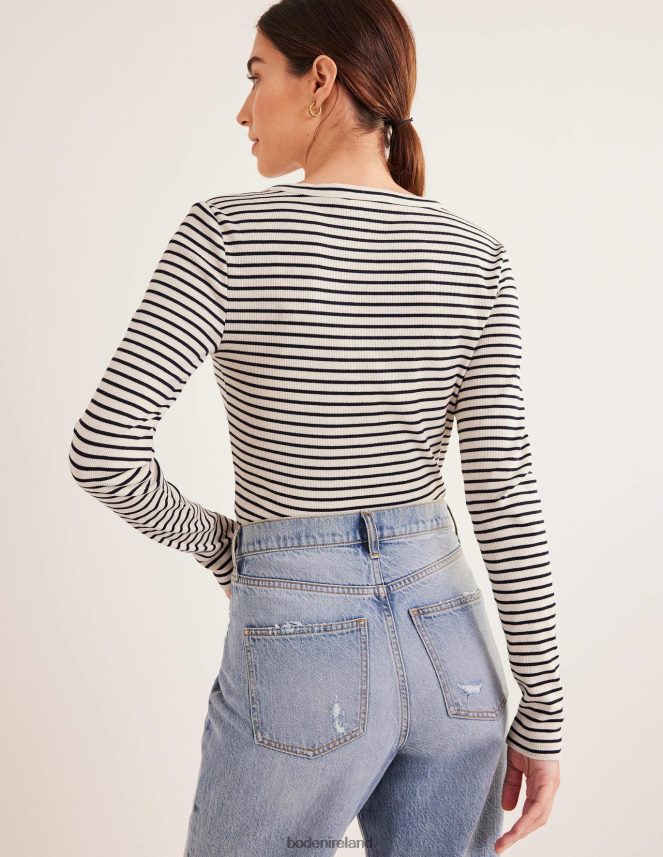 Ivory/Navy Stripe Clothing Stripe Ribbed Fitted Henley Boden Women L466L61571