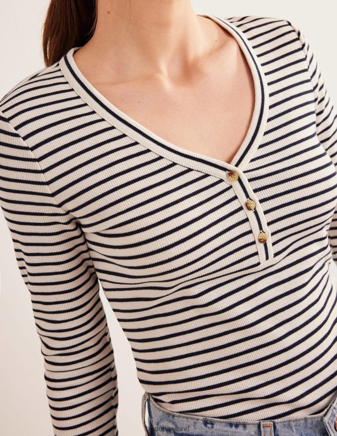 Ivory/Navy Stripe Clothing Stripe Ribbed Fitted Henley Boden Women L466L61571
