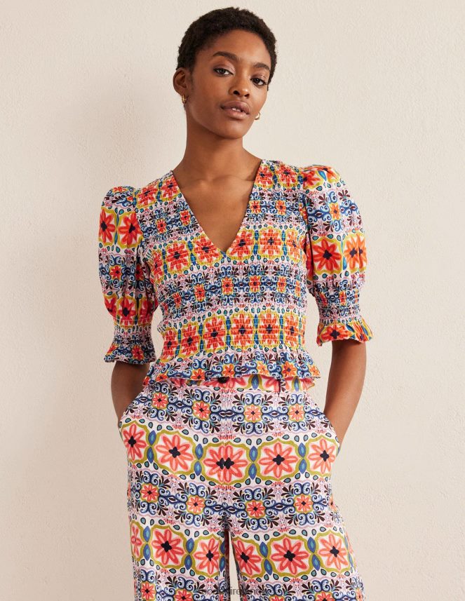 Multi & Tapestry Stripe Clothing Smocked Bodice Crop Top Boden Women L466L61556