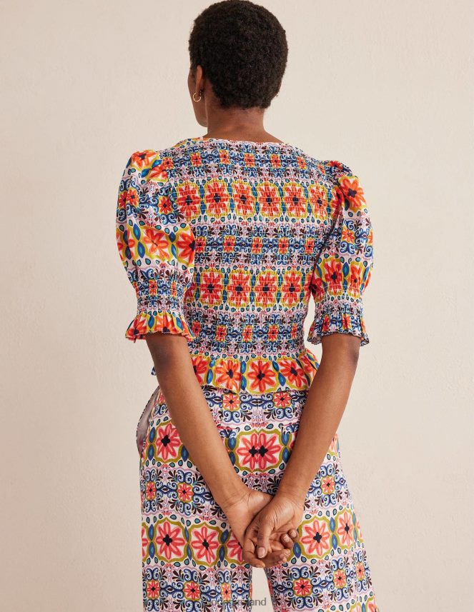 Multi & Tapestry Stripe Clothing Smocked Bodice Crop Top Boden Women L466L61556