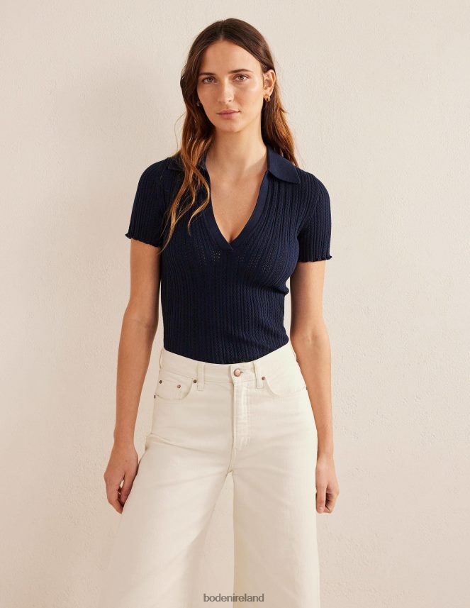 Navy Clothing Ribbed Pointelle Collared Top Boden Women L466L61097