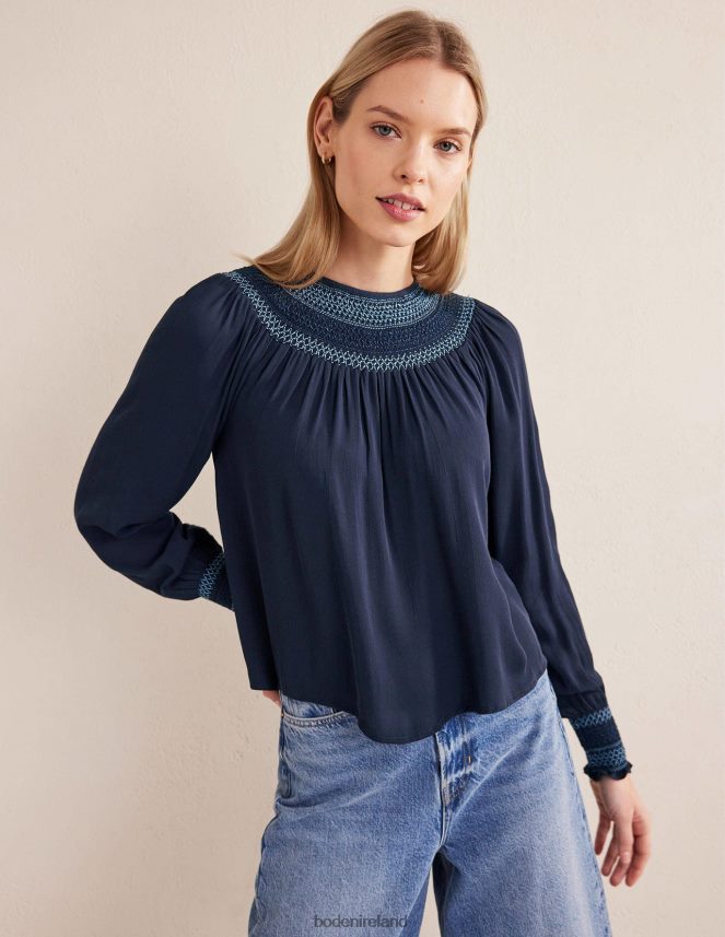 Navy Clothing Smocked Crew Neck Top Boden Women L466L61706
