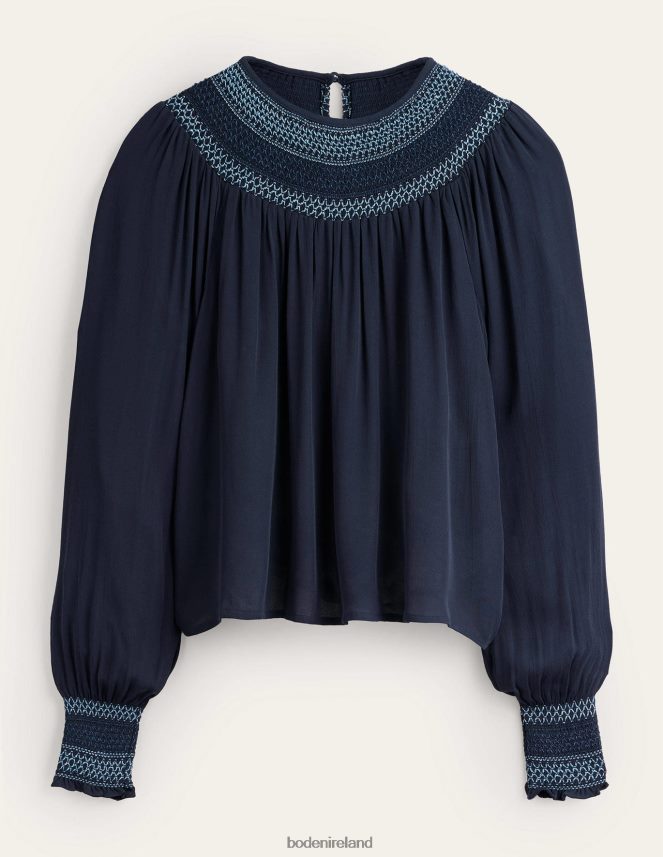 Navy Clothing Smocked Crew Neck Top Boden Women L466L61706