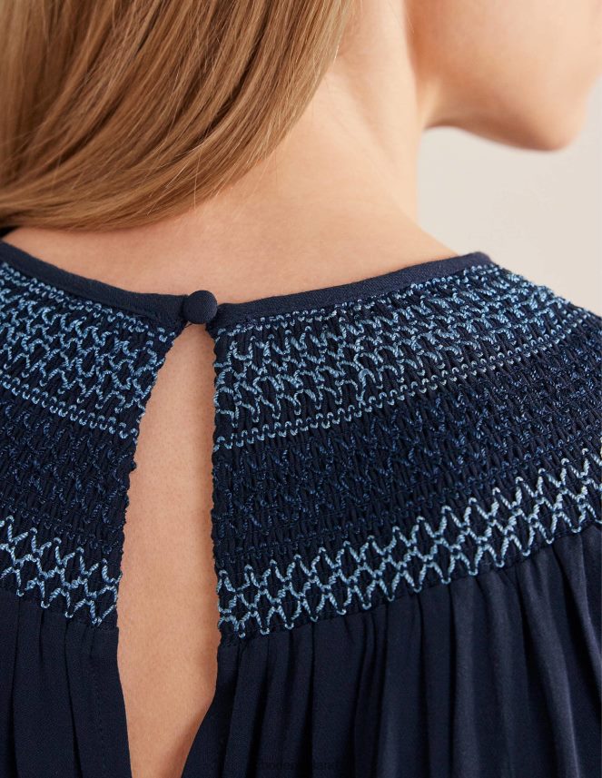 Navy Clothing Smocked Crew Neck Top Boden Women L466L61706