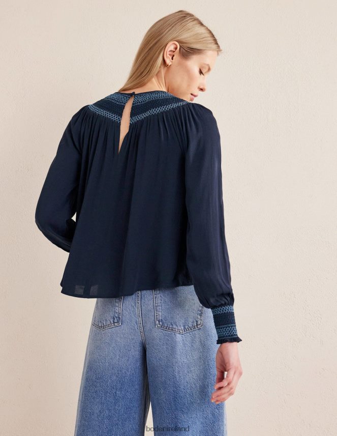 Navy Clothing Smocked Crew Neck Top Boden Women L466L61706