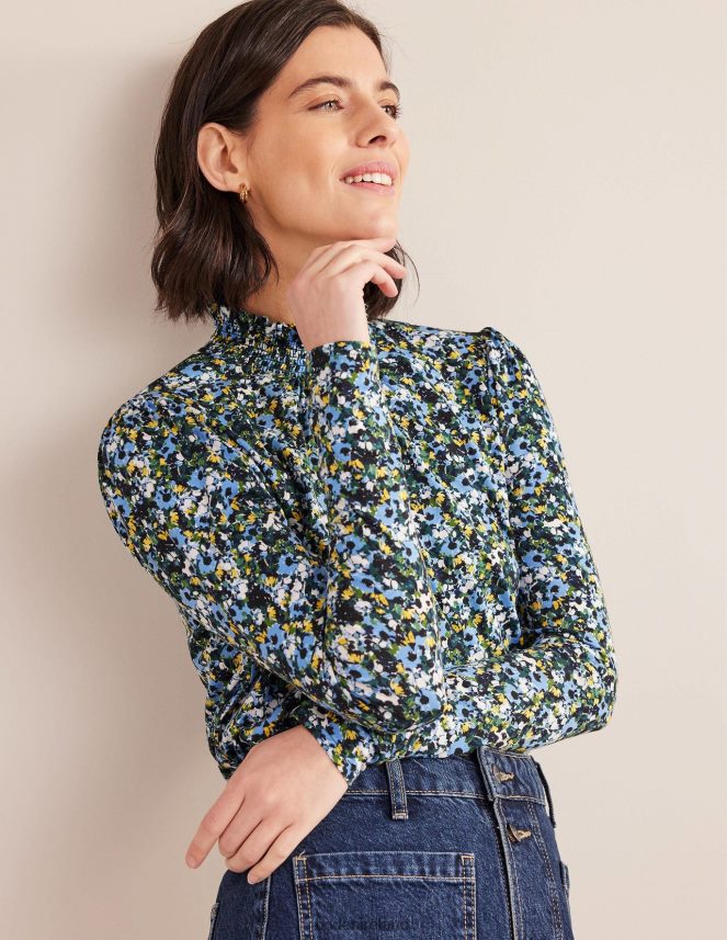 Navy & Floral Clothing Smocked Neck Printed Top Boden Women L466L62523
