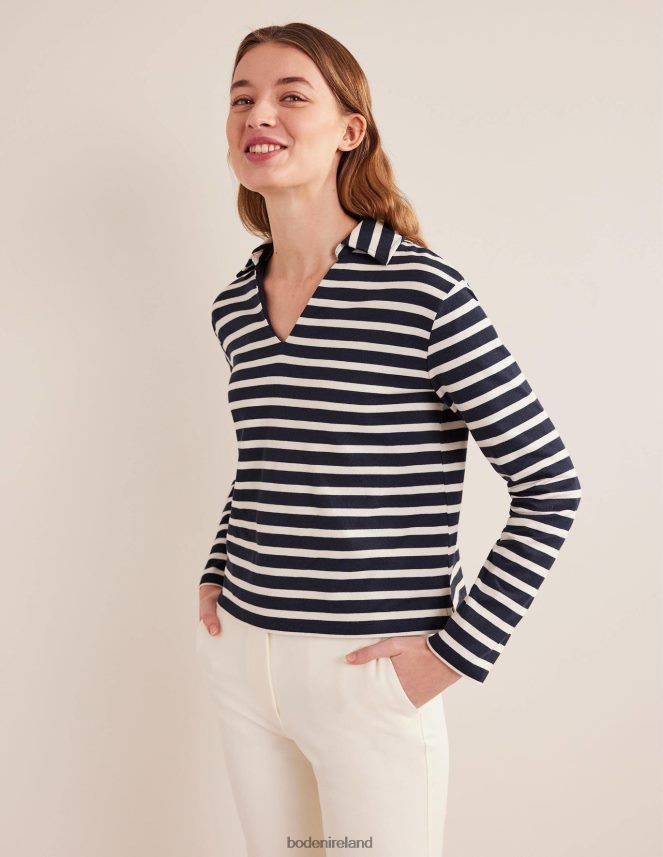 Navy/Ivory Stripe Clothing Notch Collar Stripe Top Boden Women L466L61565