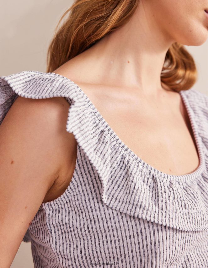 Navy/White Stripe Clothing Seersucker Frill Stripe Top Boden Women L466L61779