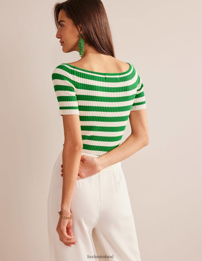Rich Emerald & Ivory Stripe Clothing Off Shoulder Rib Top Boden Women L466L61843