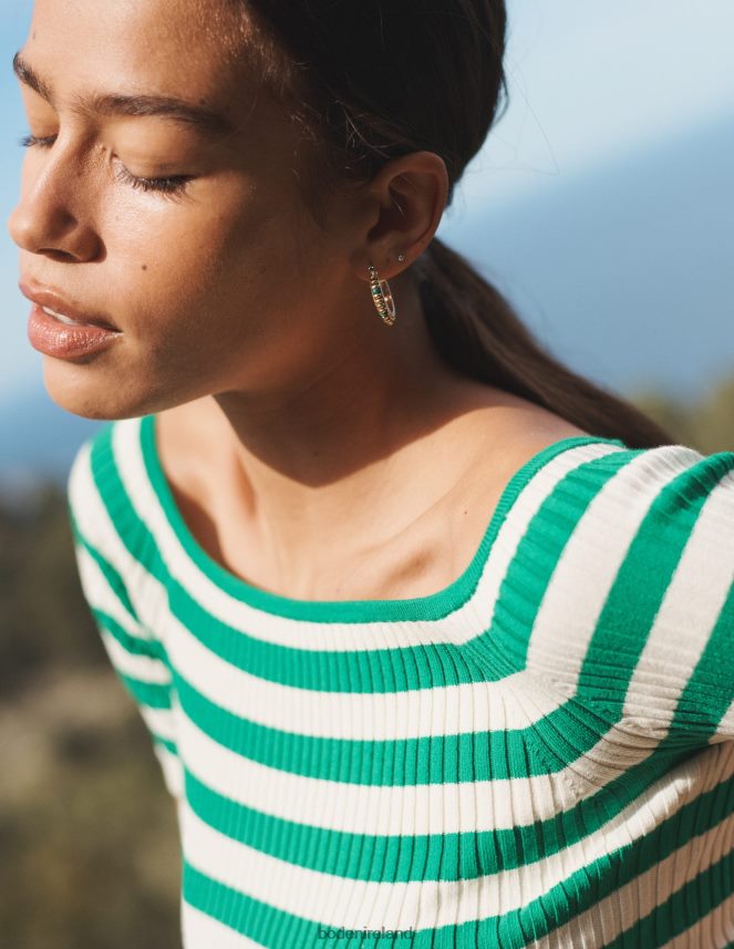 Rich Emerald & Ivory Stripe Clothing Off Shoulder Rib Top Boden Women L466L61843