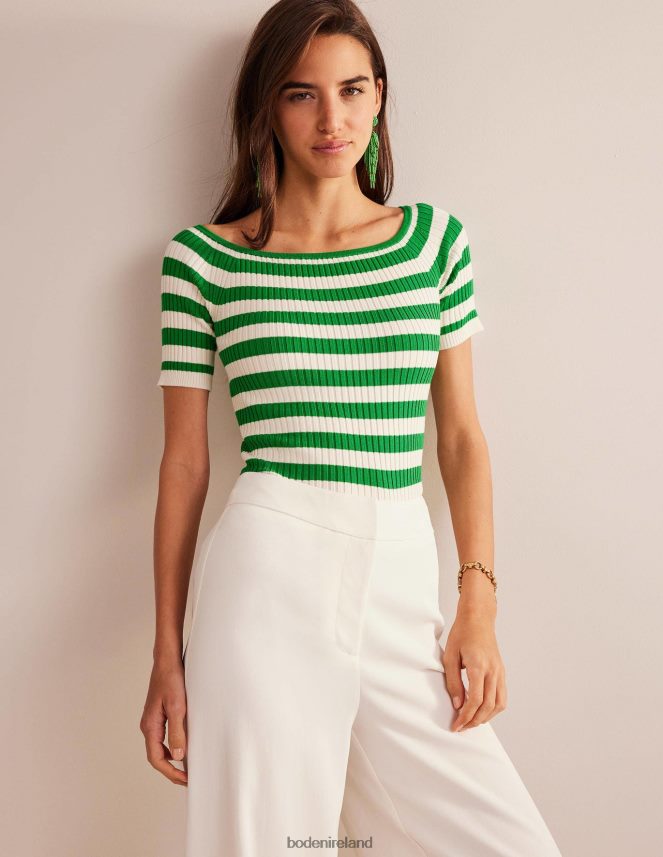 Rich Emerald & Ivory Stripe Clothing Off Shoulder Rib Top Boden Women L466L61843