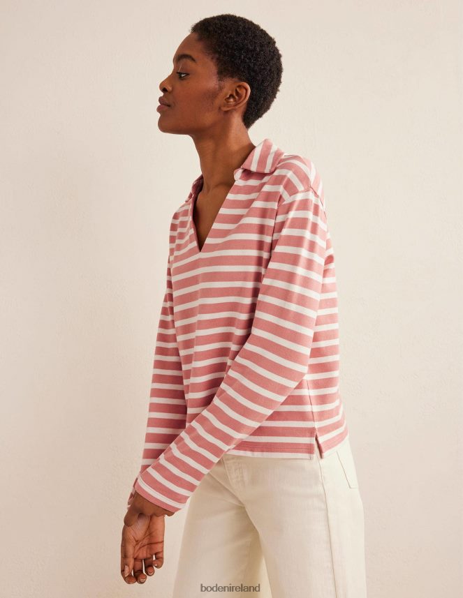 Rose Pink/Ivory Clothing Notch Collar Stripe Top Boden Women L466L61521