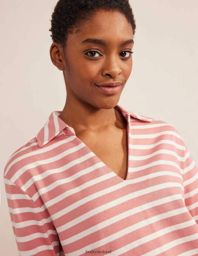 Rose Pink/Ivory Clothing Notch Collar Stripe Top Boden Women L466L61521