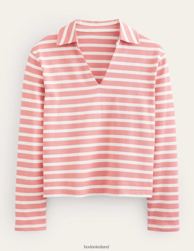 Rose Pink/Ivory Clothing Notch Collar Stripe Top Boden Women L466L61521