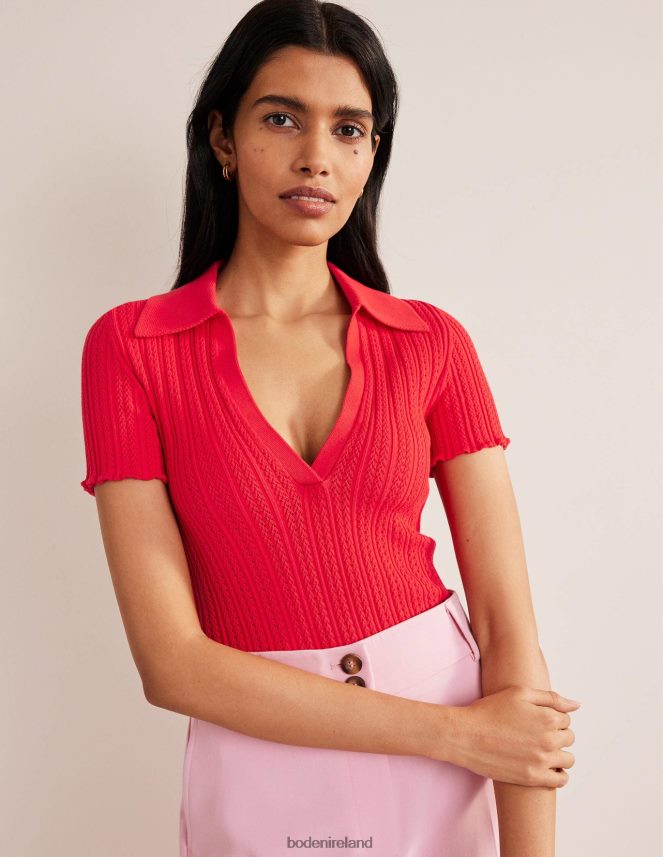 Strawberry Tart Red Clothing Ribbed Pointelle Collared Top Boden Women L466L61930