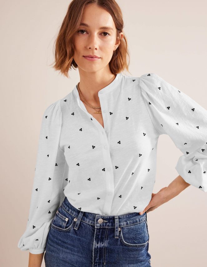 White & Blue Embroidery Clothing Long Sleeve Embroidered Top Boden Women L466L61464