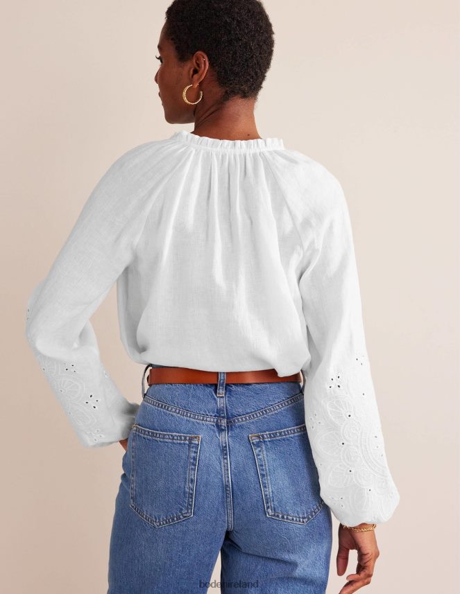 White Clothing Broderie Tie-Neck Linen Top Boden Women L466L6105