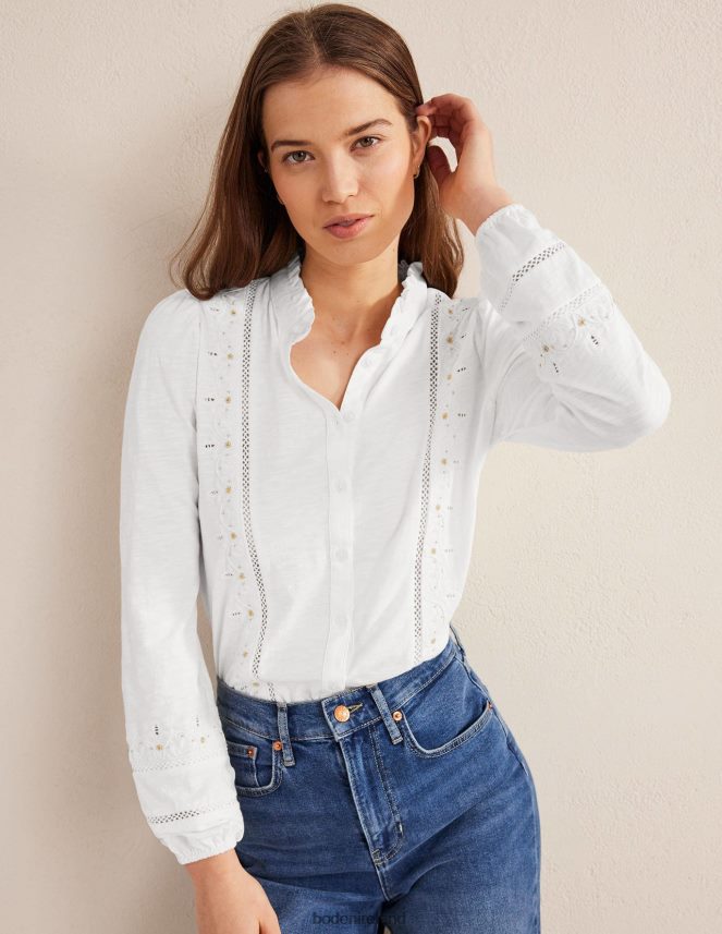White Clothing Embroidered Jersey Shirt Boden Women L466L6596