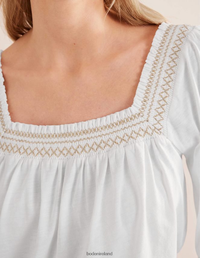 White & Gold Metallic Clothing Smock Detail Square Neck Top Boden Women L466L61274