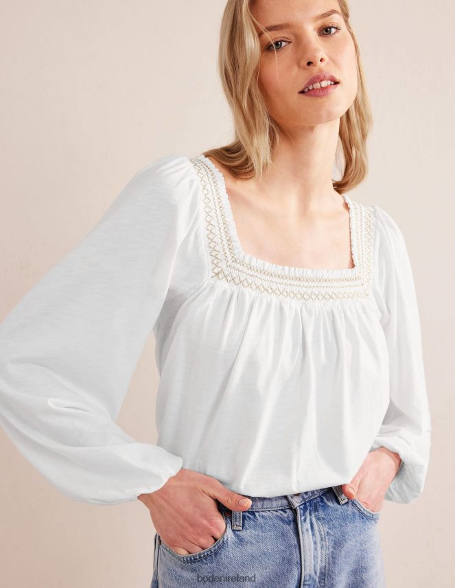 White & Gold Metallic Clothing Smock Detail Square Neck Top Boden Women L466L61274